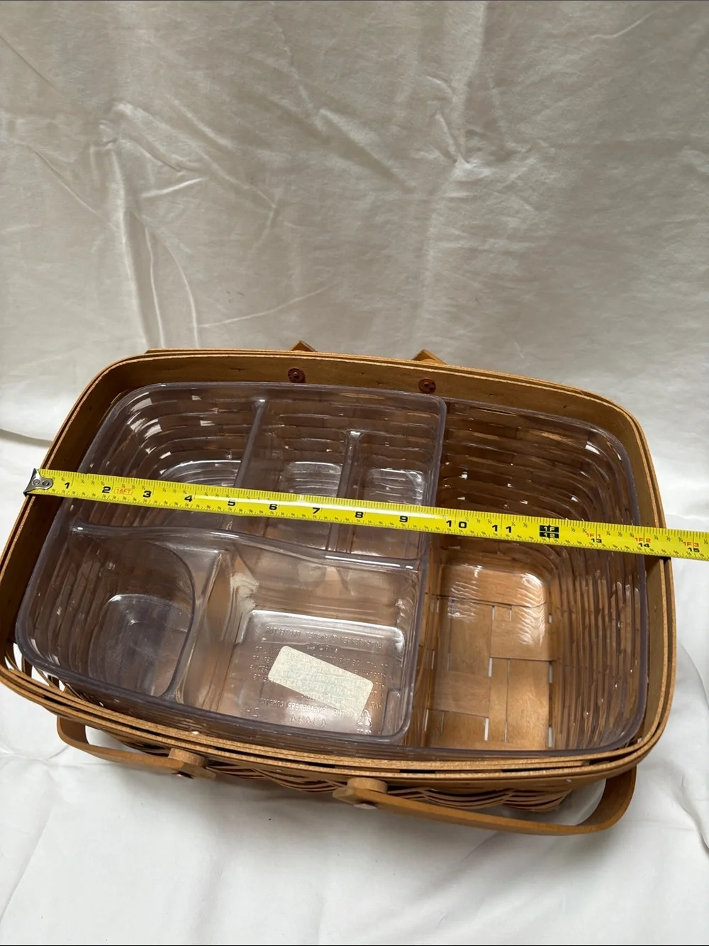 Longaberger wood market basket with hinged handles and plastic inserts